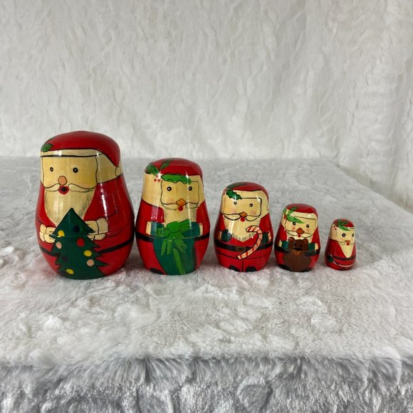 Vintage Holiday Vintage Russian Santa Nesting Dolls Hand Painted 5